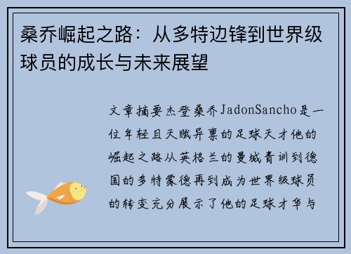 桑乔崛起之路：从多特边锋到世界级球员的成长与未来展望